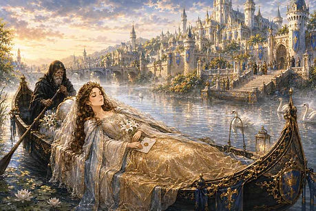 Medieval Arthurian court with a king, queen, knights and castle imagery.