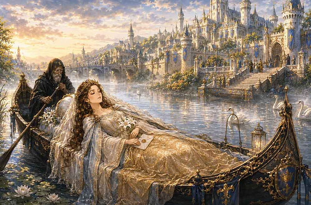 Medieval Arthurian court with a king, queen, knights and castle imagery.