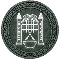 Glewlwyd token mark with symbol of gate of Celliwig on Arthurian style coin