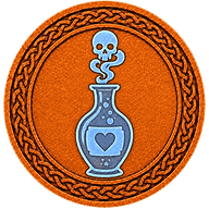 Tristan token mark with symbol of the potion that he accidentally drank and made him fall in love, the death vapour that lead to his banishment and death, on Arthurian style coin