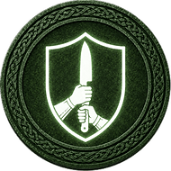Beaumains token mark with symbol of a shield, hands and kitchen knife on Arthurian style coin