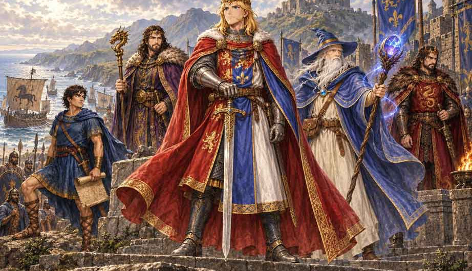 Medieval British kings, castle walls and manuscript imagery.
