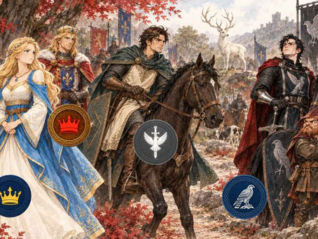 Queen Gwenhwyfar and King Arthur stand at a royal hunt as Geraint son of Erbin rides forward toward a dark knight, a dwarf, and a white stag on the hillside, with Mythopouch token marks.