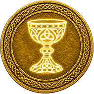 The Holy Grail token mark with symbol of glowing chalice beneath white samite on Arthurian style coin
