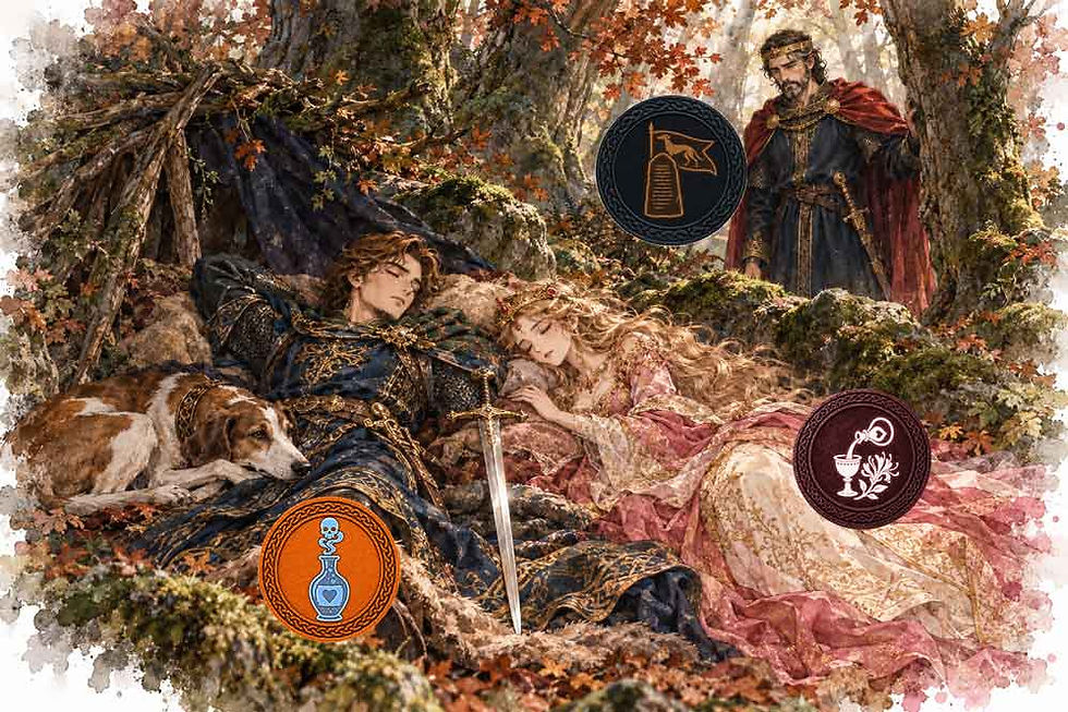 Tristan and Isolde sleep in the Forest of Morois with a sword between them as King Mark watches nearby, with Mythopouch token marks.