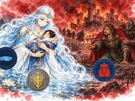 The Lady of the Lake holds the infant Sir Lancelot in the water while King Ban collapses and his castle burns behind him, with Mythopouch token marks.