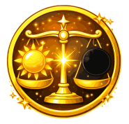 The symbol for Morality in the Mythopouch board game showing scales with a sun and black moon.