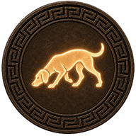 Actaeon's Hounds token mark with symbol of a hunting hound sniffing on Greek style coin