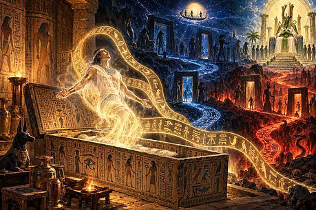 Mythopouch artistic interpretation of the Egyptian Coffin Texts, a collection of ancient Egyptian funerary spells written on coffins.