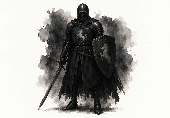 The black-armoured knight Sir Percard from Arthurian legend, also known as the Knight of the Black Launds