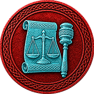Hywel the Great token mark with symbol of the open lawbook, scales and gavel on Arthurian style coin