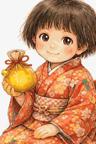 Zashiki-warashi Japanese household spirit child holding a golden fortune pouch while wearing a traditional floral kimono in Mythopouch mythology art style