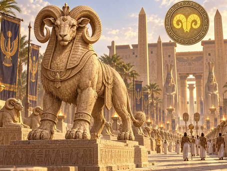 Criosphinx with a ram’s head and lion body beside a ceremonial avenue of ram-headed sphinxes in ancient Egypt, with Mythopouch token marks.