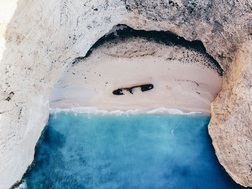 Aerial view of Navagio Beach with turquoise water in Zakynthos