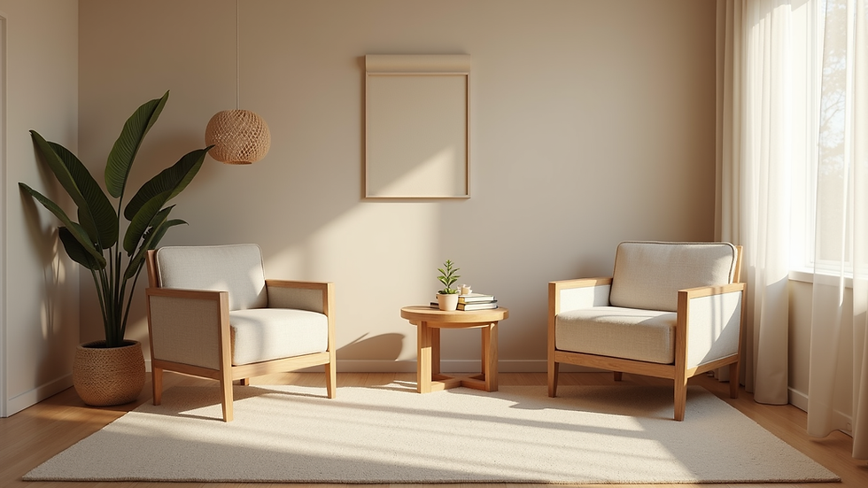 Eye-level view of a serene therapy room with comfortable seating