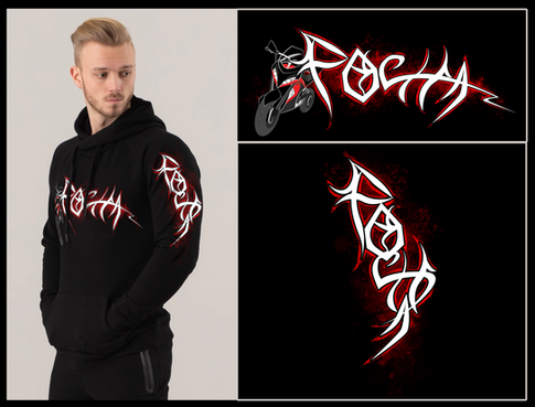 Clothing graphic design with the word or nickname Pocha. Has a motorcycle that is black and red with a graffiti like style.