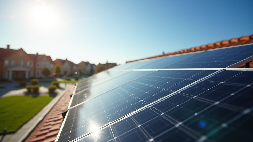 Wide angle view of a residential solar panel installation on a roof