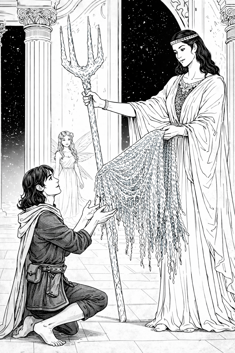 ディプセウス、氷のマントと刺股を受け取る