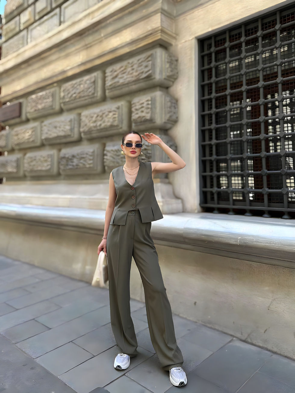 Küçük resim: SUIGAR Haki Yeşil Special Edition V Yaka Yelek Plazzo Pantolon Alt-Üst Şık Takım