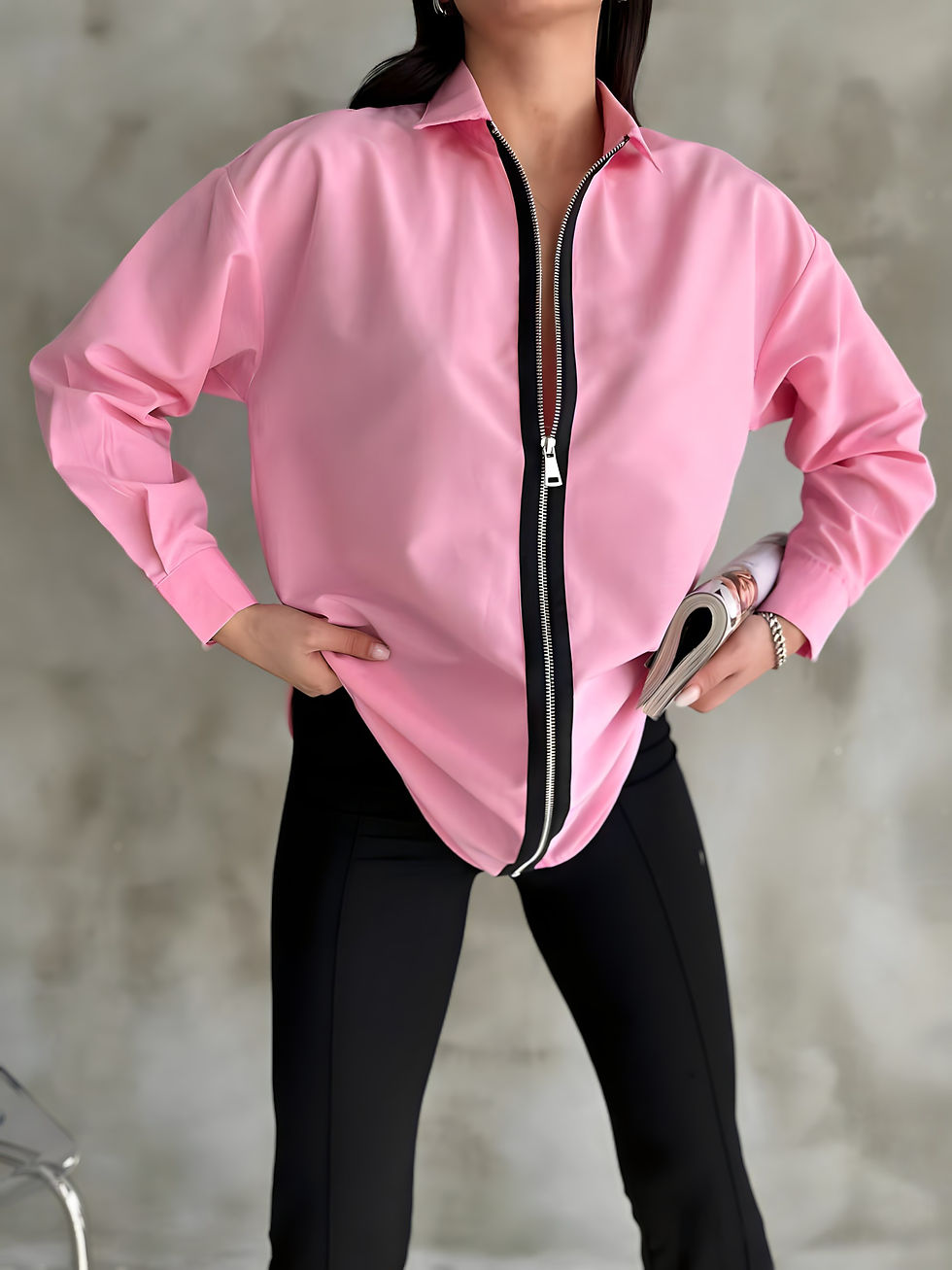 Küçük resim: SUIGAR Pembe Uzun Siyah Fermuar Detaylı Oversize Gömlek