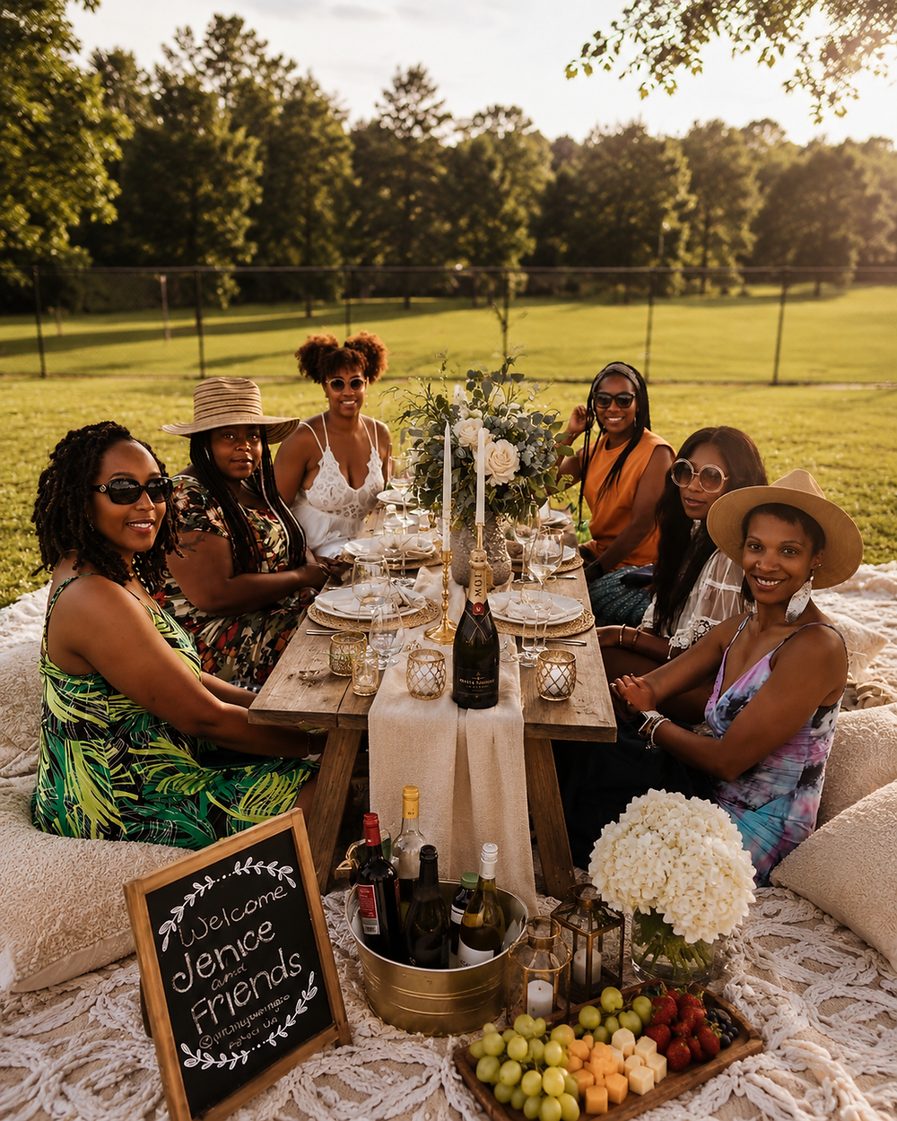 Six women enjoying a luxury outdoor picnic with elegant styling.