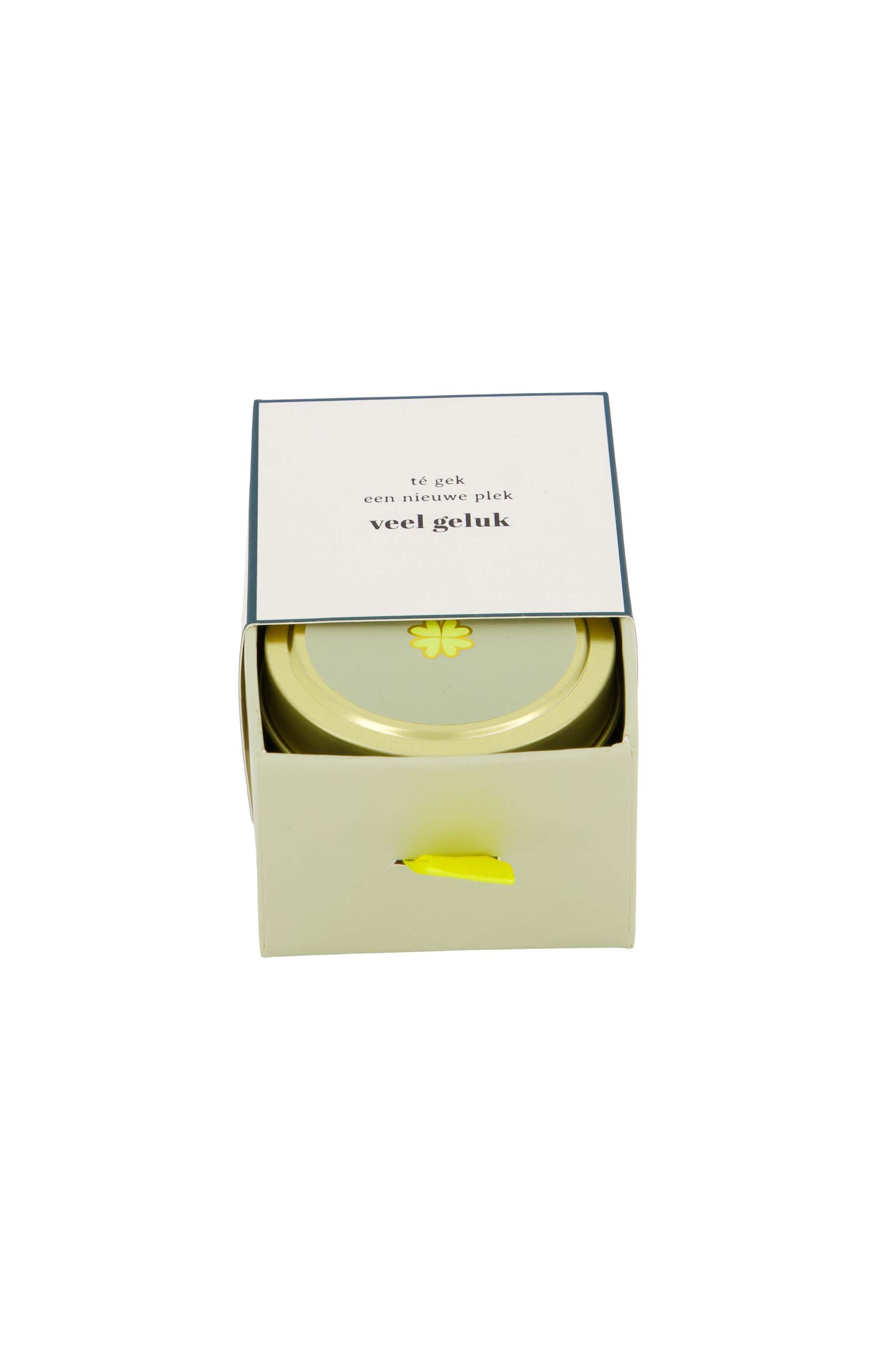 Metalen geurkaars in schuifdoosje "Veel geluk"