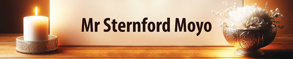 A candle and white flowers surrounding the name Mr Sternford Moyo in warm colours