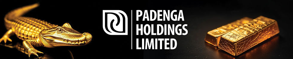 A golden crocodile and bars of gold on a black baground with the Padenga Logo.