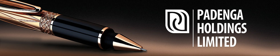 A luxury black and gold pen on a faded black and beige gradient background with the Padenga Holdings Limited logo