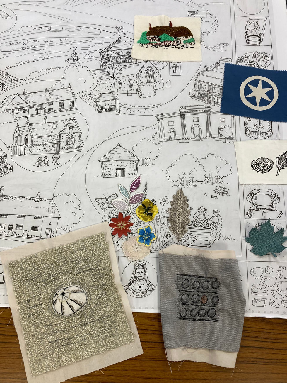 Community banner template drawing with textile samples