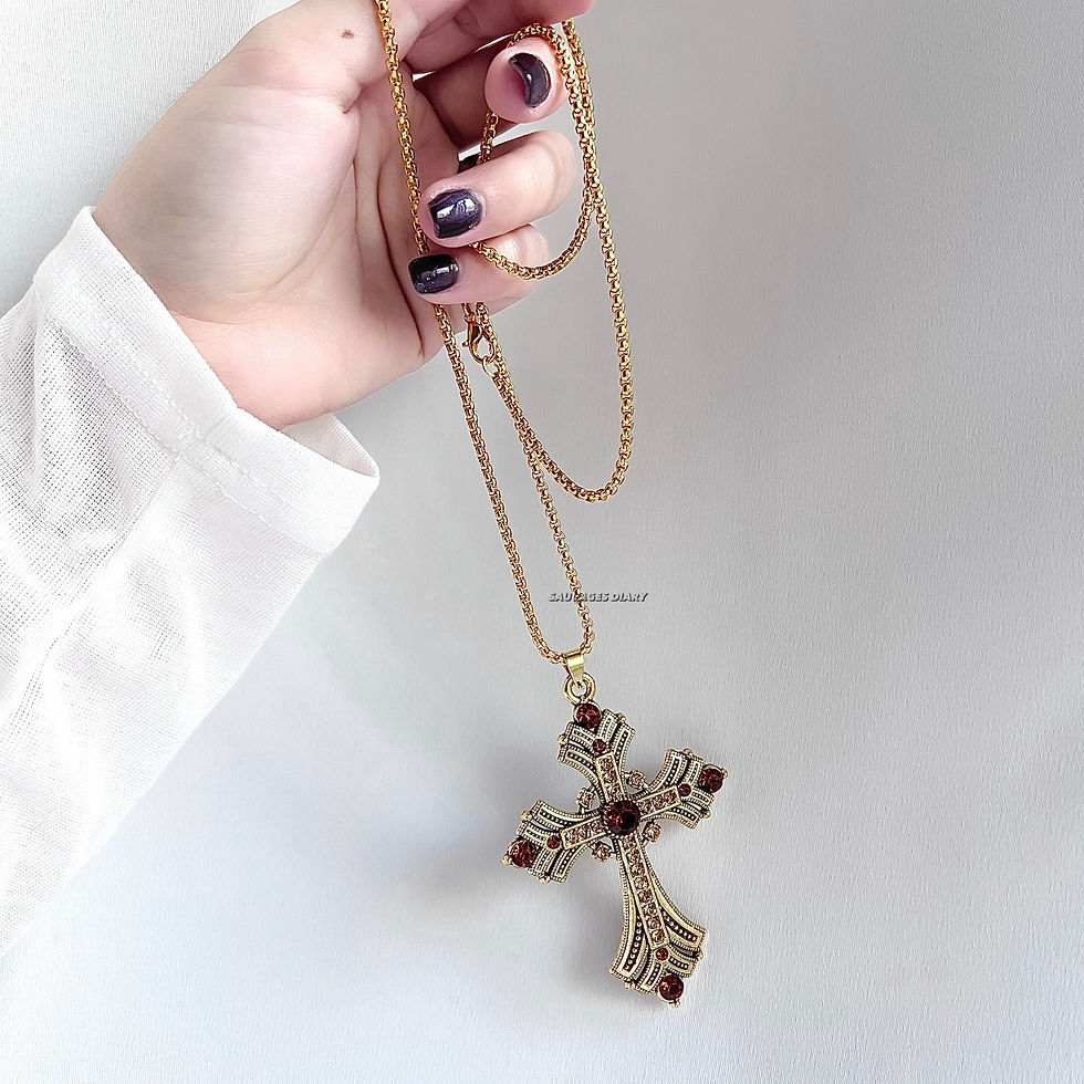 Thumbnail: vintage rhinestones golden cross necklace 
