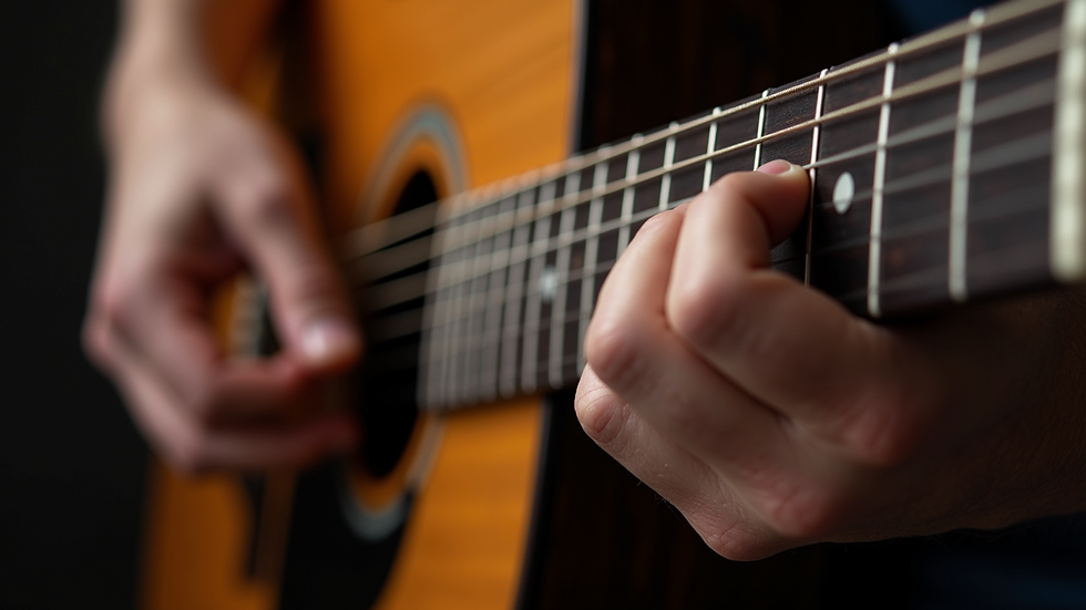 Close-up view of a guitar fretboard with callused fingers pressing down on the strings
