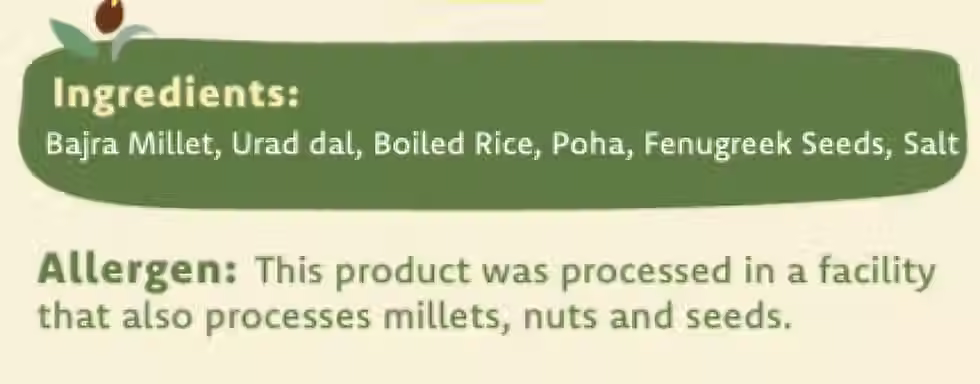 Thumbnail: Ingredients list of bajra dosa batter powder including bajra, urad dal, rice, poha, chana dal, fenugreek seeds, salt