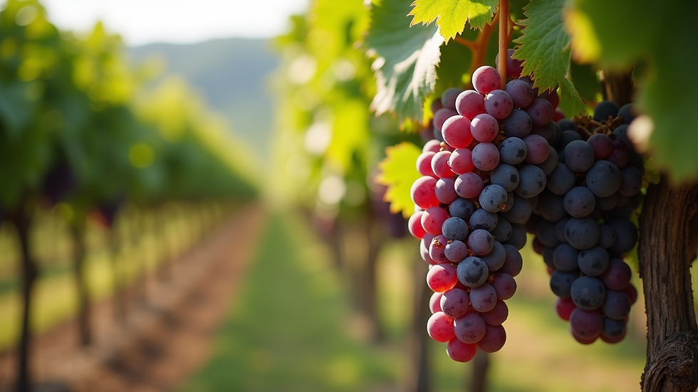 Eye-level view of a vineyard with ripe grapes