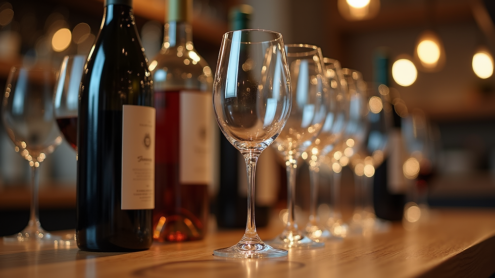 Eye-level view of a wine tasting setup with various wine bottles and glasses