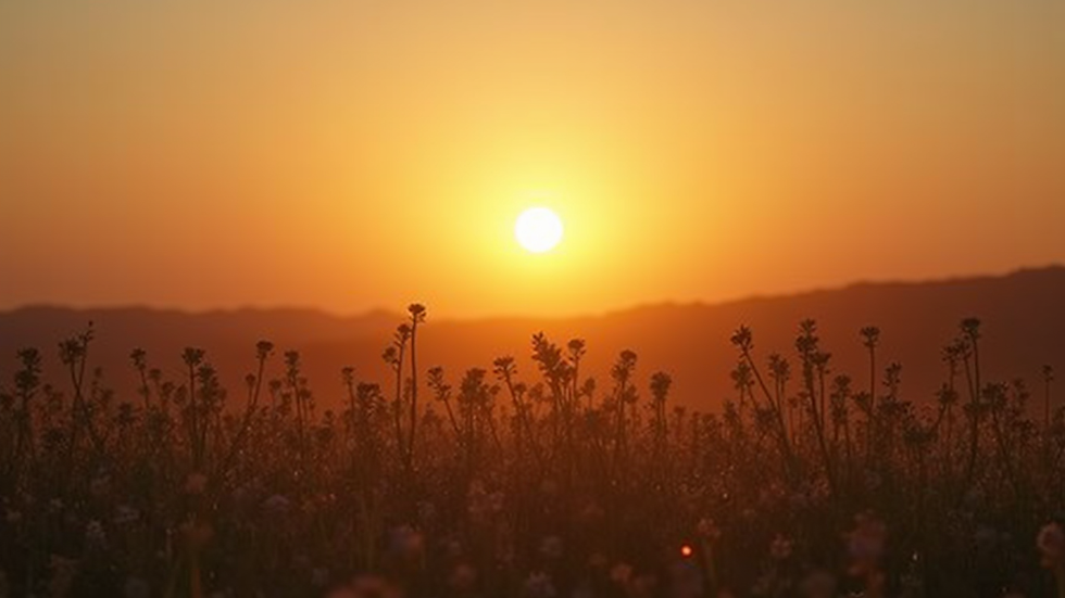 Eye-level view of a serene landscape with a rising sun