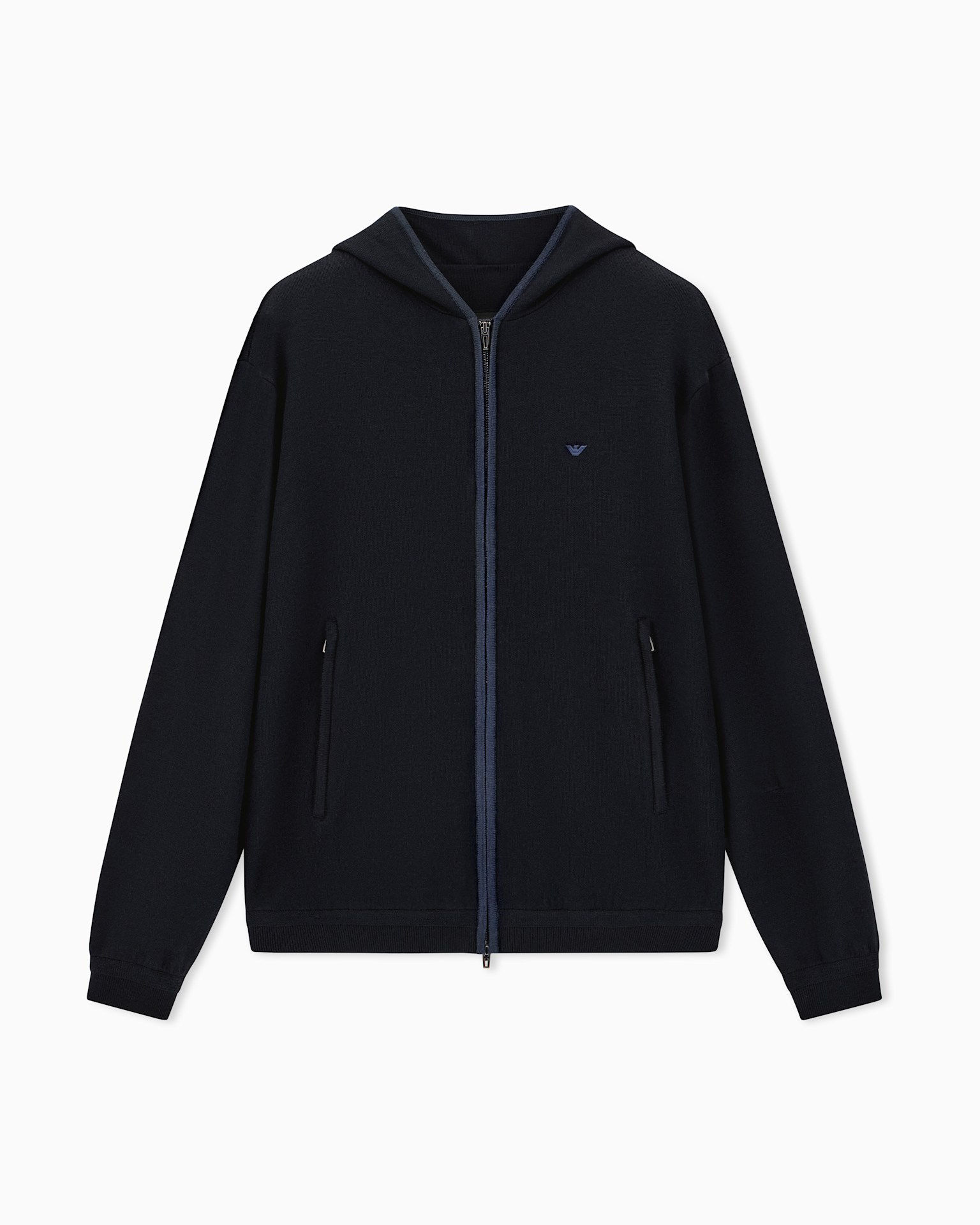 TRAVEL ESSENTIAL VIRGIN WOOL ZIP-UP HOODIE CARDIGAN IN NAVY