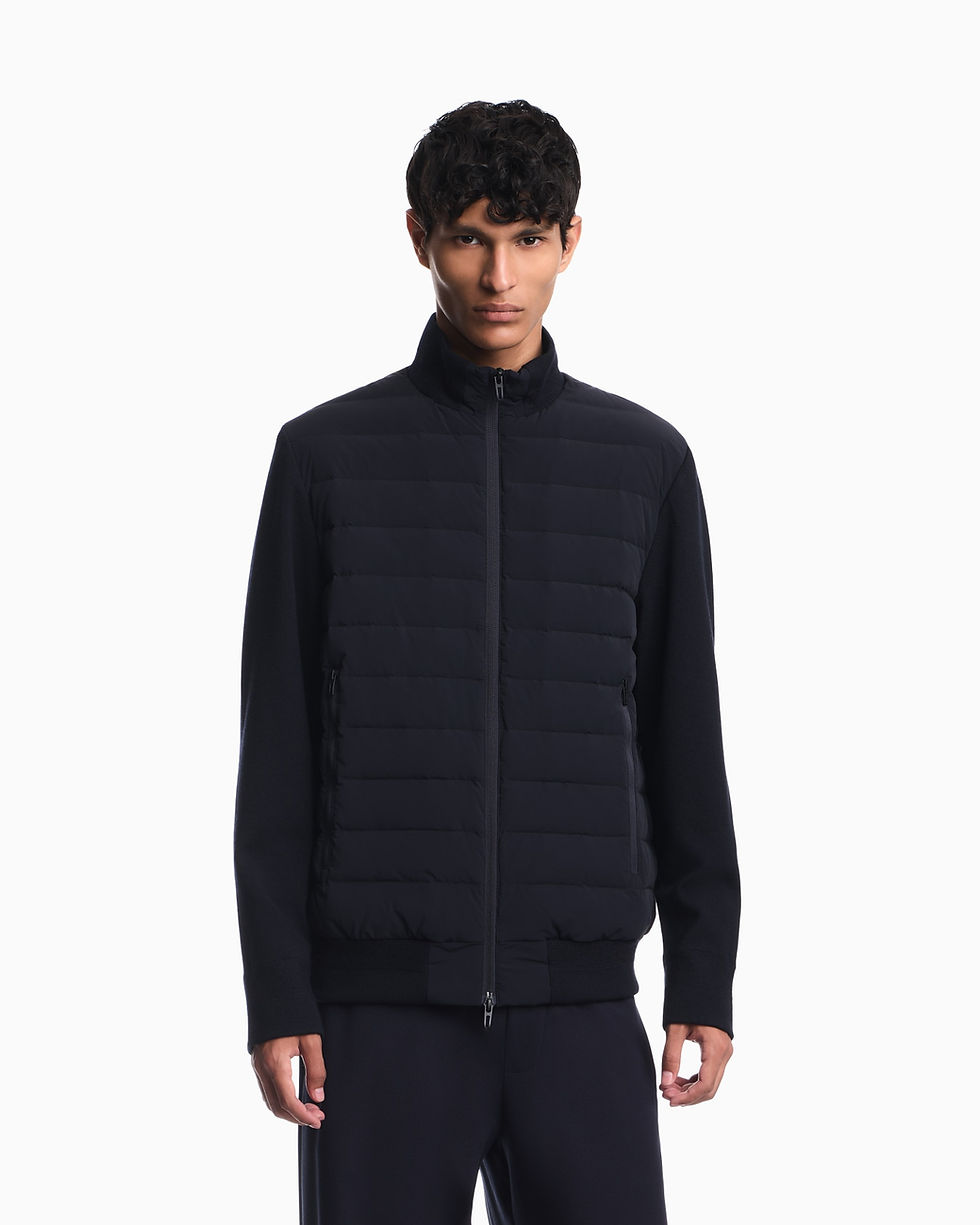 Thumbnail: STRETCH NYLON DOWN JACKET WITH KNIT SLEEVES TRAVEL ESSENTIAL IN NAVY 