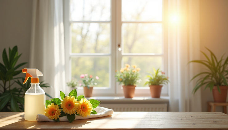 Eye-level view of a sunlit room with open windows and fresh flowers on a clean wooden table