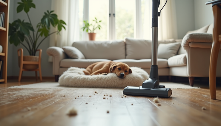 Eye-level view of a living room floor with a vacuum cleaner near a dog bed and scattered pet hair