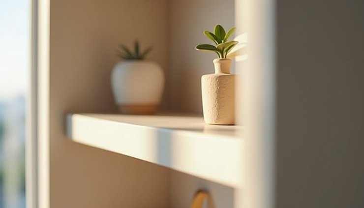 Close-up view of a clean living room shelf free of dust
