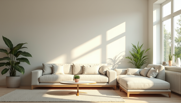 Eye-level view of a bright, clean living room with sunlight streaming through large windows