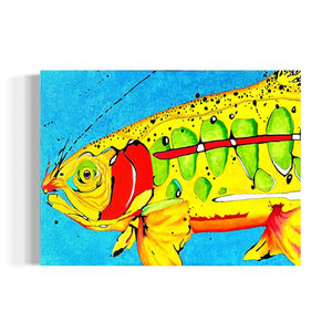 bright yellow fish with red and green markings on a bright blue background