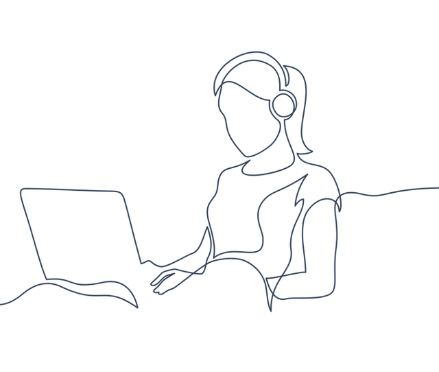 linje-illustration av kvinna med hörlurar som sitter med sin laptop