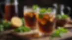 Close-up view of a glass of kvass garnished with mint