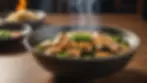 Eye-level view of a bowl of steaming hot shchi