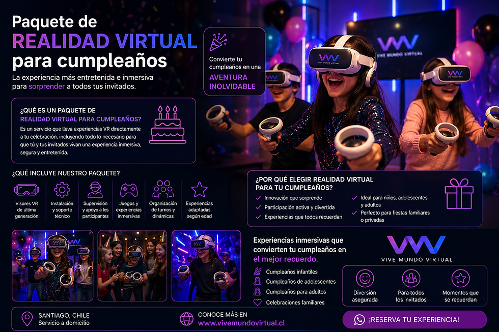 Niños usando visores VR en una fiesta de cumpleaños. Texto promociona paquetes de realidad virtual para celebraciones. Ambiente festivo y colorido con VMV Chile Vive Mundo Virtual.