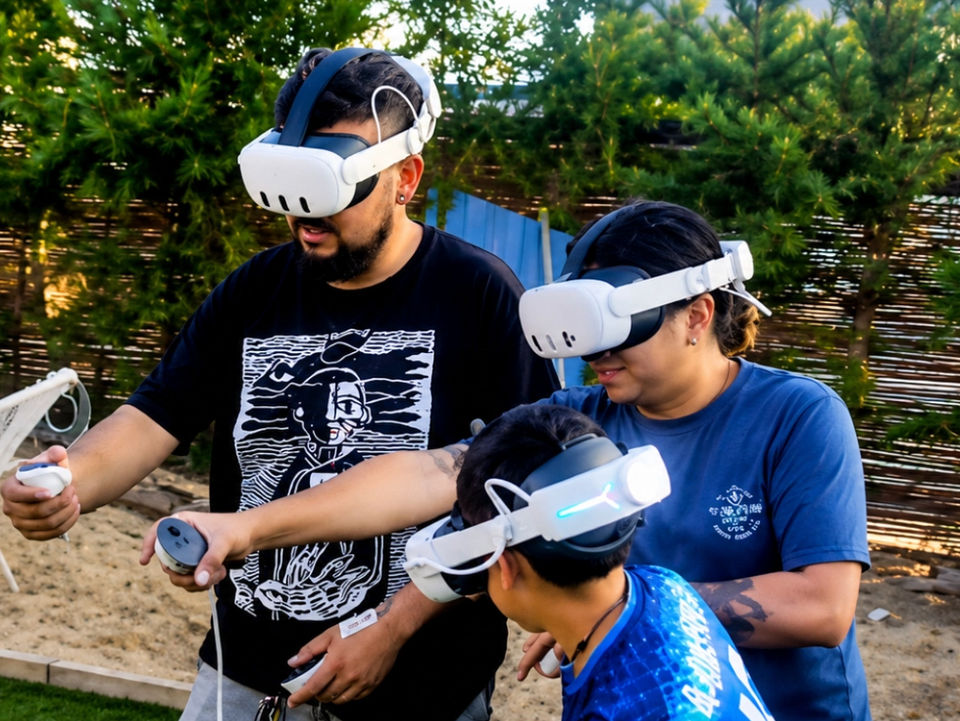 Personas interactuando con gafas de realidad virtual en un evento y gran fiesta al aire libre .
