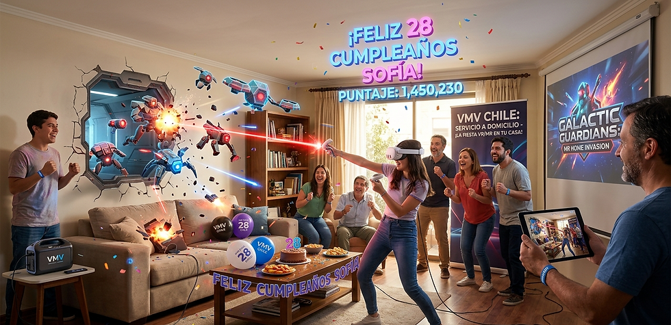 Persona celebrando con realidad virtual, rodeada de amigos en una sala. Texto: "¡Feliz 28 cumpleaños Sofía!" y "Puntaje: 1,450,230". Ambiente festivo.