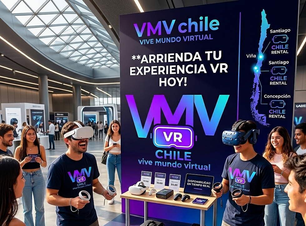 Personas usando visores VR en un evento de tecnología. Un cartel dice "VMV Chile, vive mundo virtual". Ambiente moderno y animado.